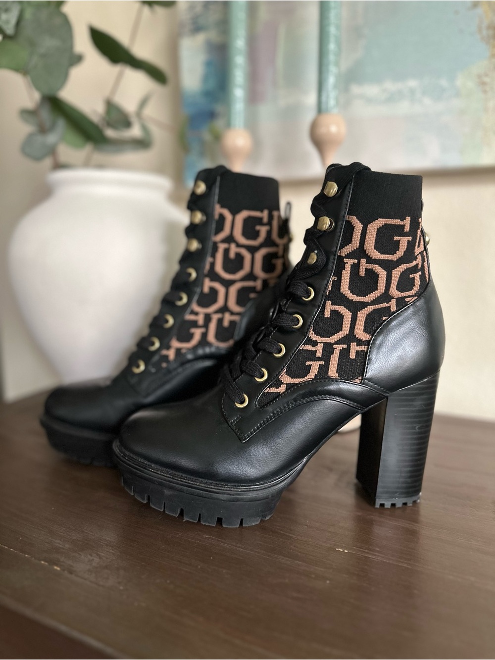Guess Black and Tan High-Heel Lace-Up Boots
